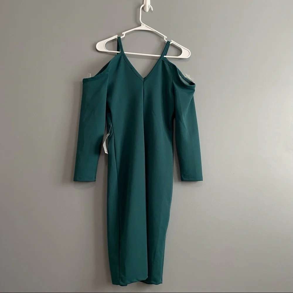 Max+Ash Cold Shoulder Long sleeves Sheath Dress with Slit In Emerald Green Sz M